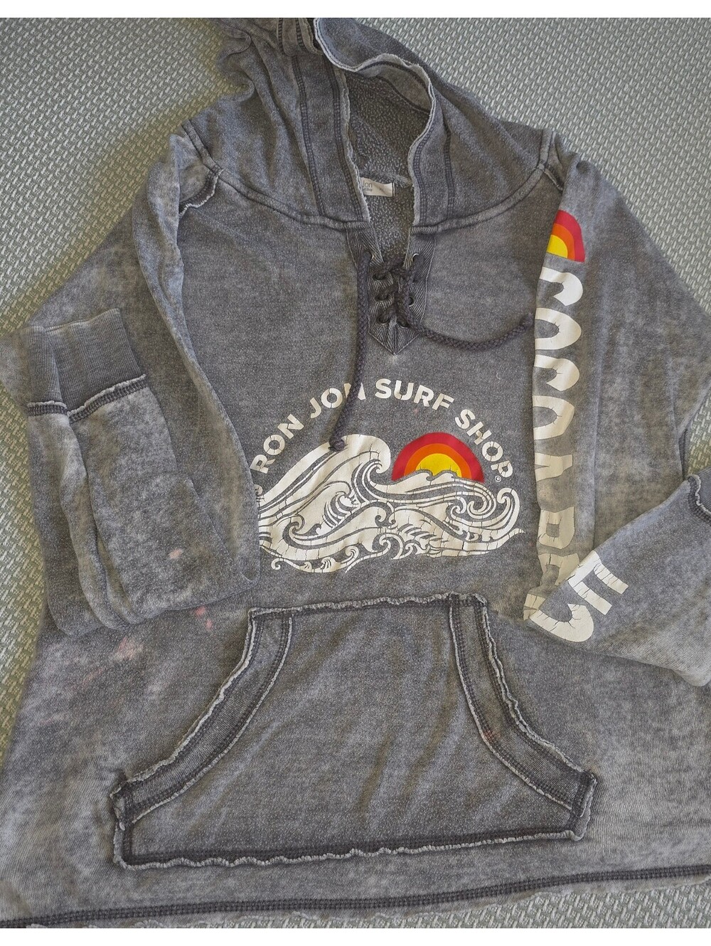 Gray acid wash distressed pullover hoodie from Ron Jon Surf Shop size XL women's